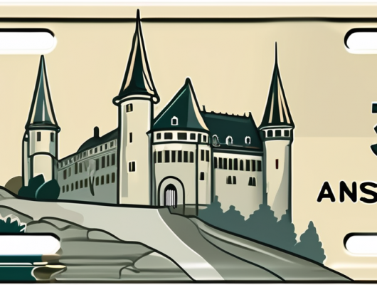 A vehicle license plate with a castle (representing ansbach city) in the background