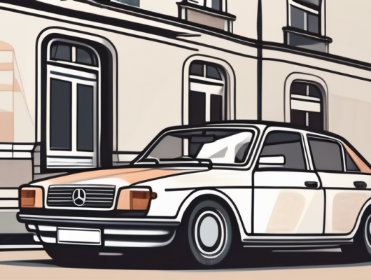 A car with an empty license plate parked near hamburg's famous landmarks like the elbphilharmonie or the speicherstadt