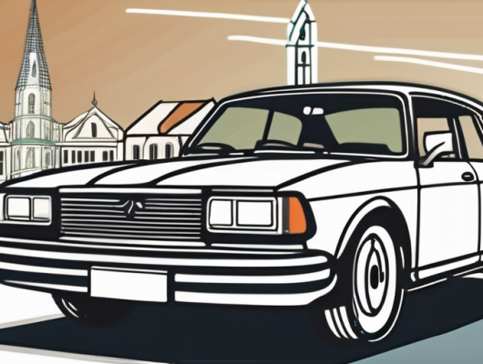 A car with an empty license plate parked in front of recognizable landmarks of düren