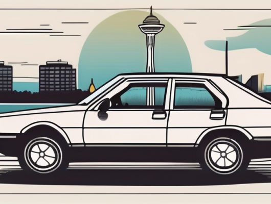 A car with a blank license plate parked near iconic landmarks of dortmund