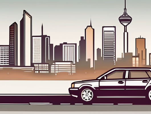 The frankfurt skyline with a car license plate in the foreground