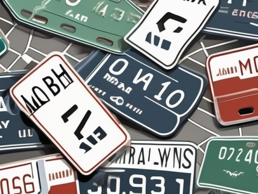 Various types of car license plates scattered on a map of morbach