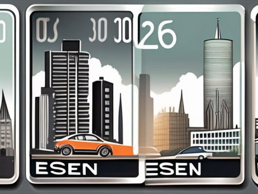 Various car license plates with the cityscape of essen