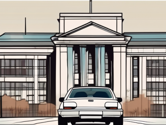 A car with a blank license plate parked in front of a building that resembles a government office