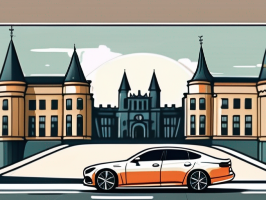 A car with a blank license plate parked in front of a recognizable erlangen landmark