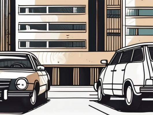 A car with a blank license plate parked in front of iconic dortmund landmarks