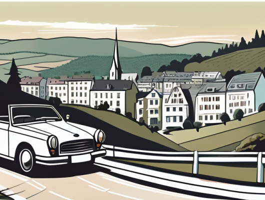 A car with a blank license plate parked in a picturesque setting of gummersbach