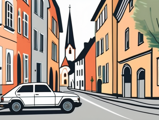 A car with a blank license plate driving through the picturesque streets of bad kreuznach