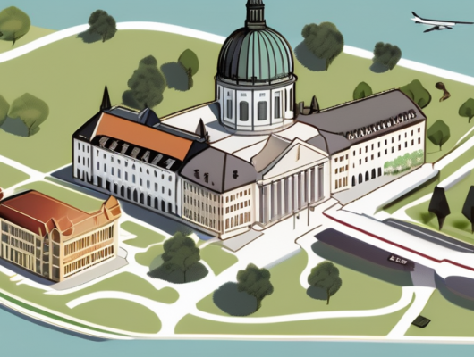 Various types of german license plates scattered around a stylized map of karlsruhe