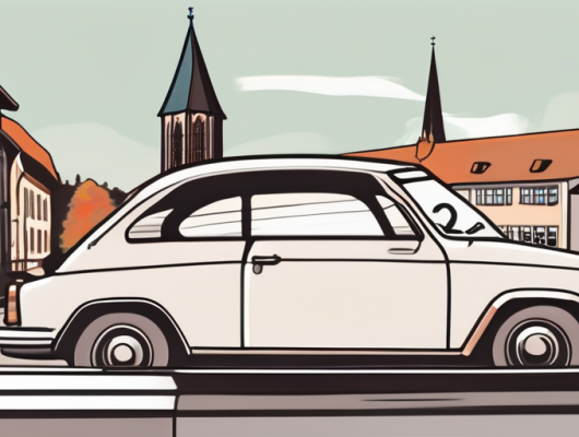 A car with a blank license plate parked in front of recognizable landmarks of bad kreuznach stadt