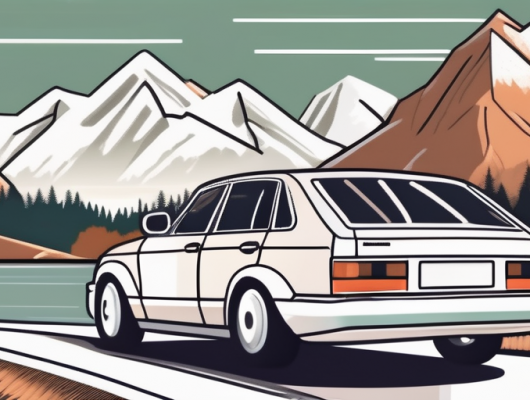 A car with a blank license plate surrounded by the scenic landscape of rosenheim county