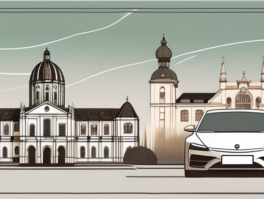 A car with a blank license plate parked in front of recognizable landmarks of bergisch gladbach