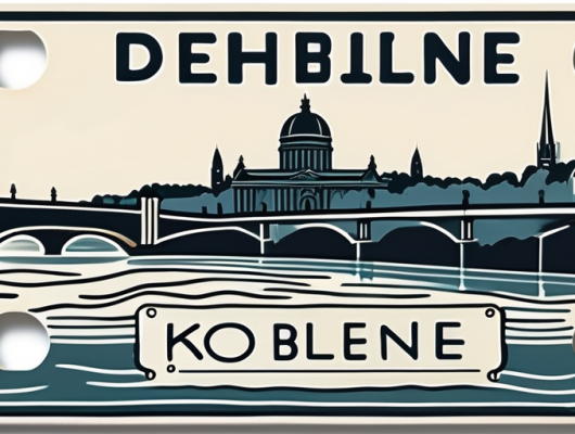 A vehicle license plate with a subtle hint of the koblenz cityscape