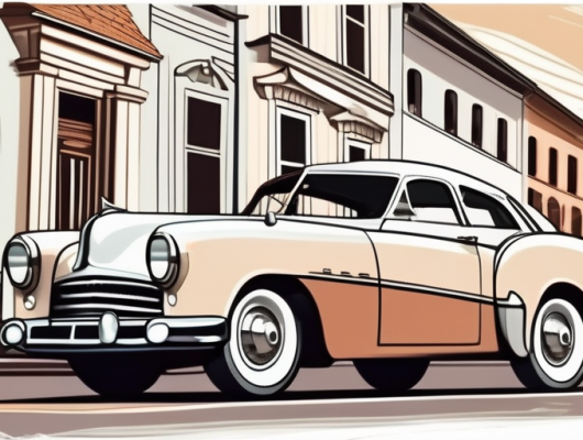 A vintage car in pristine condition with a backdrop of a scenic