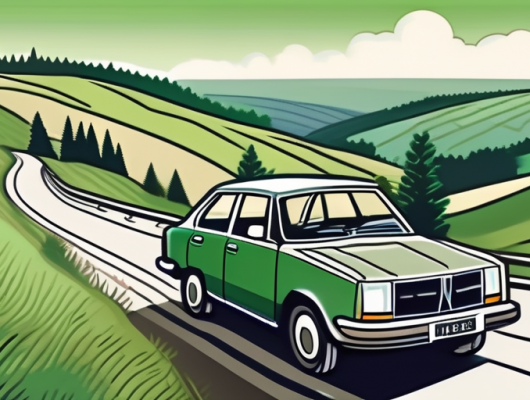 A scenic view of westerwald with a car displaying a license plate in the foreground