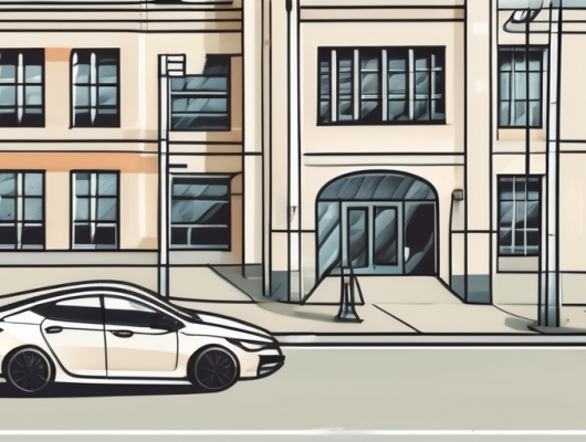 A neuss cityscape with a street scene featuring various vehicles and the straßenverkehrsamt (road traffic authority) building