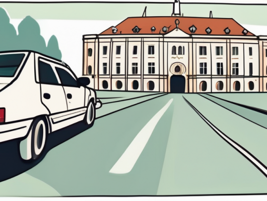 A vehicle with a blank license plate parked near recognizable landmarks of augsburg