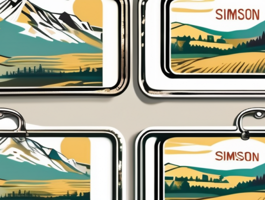 Several different types of simson star license plate holders displayed on a backdrop of a classic german landscape
