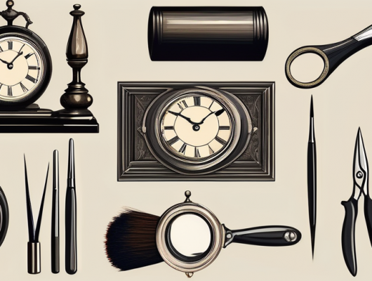 Various antique items like a vintage clock