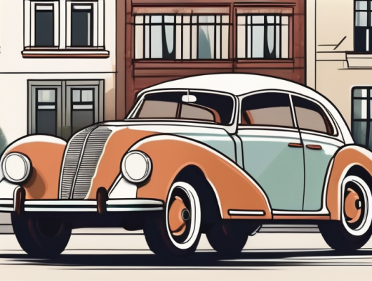 A vintage car with a prohibition sign over it