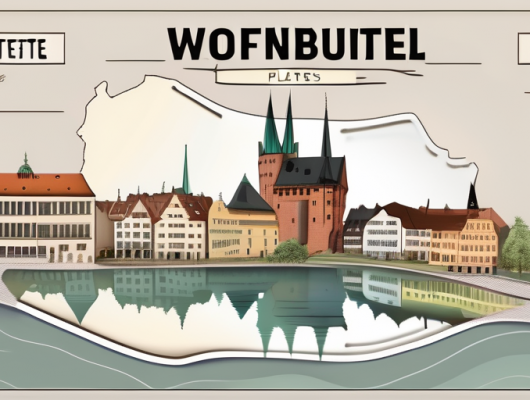 Various types of german license plates scattered on a map of wolfenbüttel