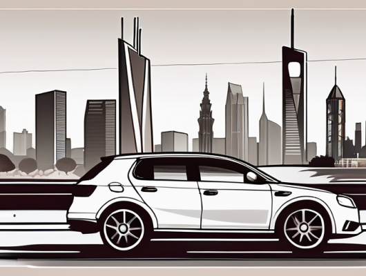 A car with a blank license plate parked in front of recognizable frankfurt landmarks like the römer or the frankfurt skyline