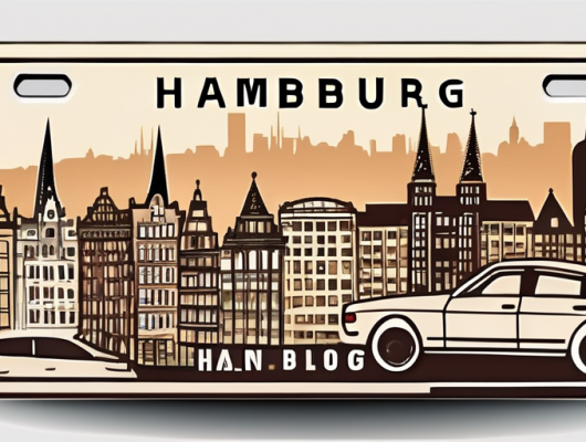 A vehicle license plate with a hamburg cityscape in the background