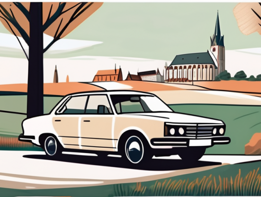 A car with an empty license plate parked in a picturesque landscape of augsburg land