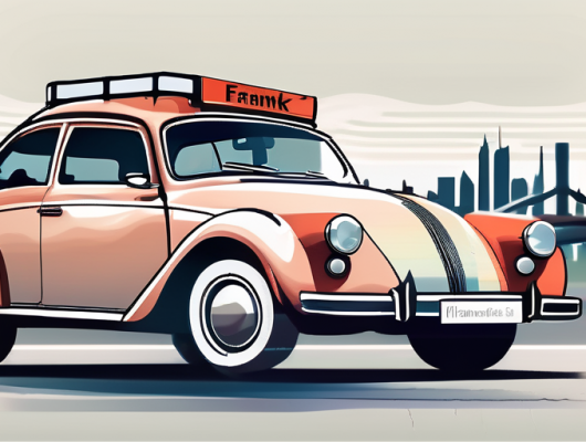 A car with a blank license plate parked in front of iconic frankfurt landmarks