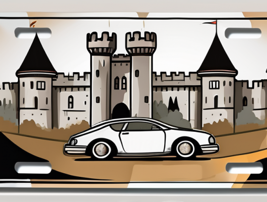 A car license plate with a castle (symbolizing grafschaft bentheim) in the background