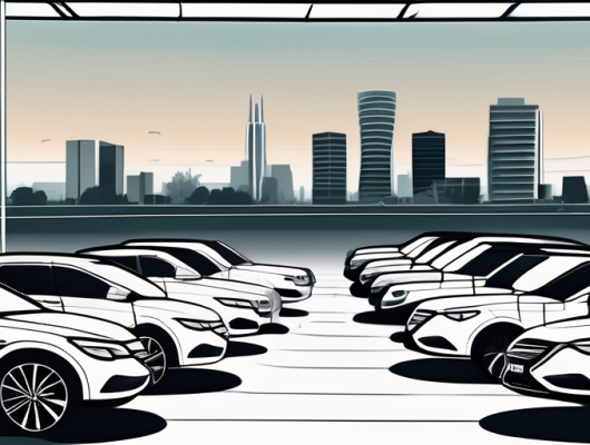 A variety of a-s-a automobiles parked in a dealership lot with the cityscape of leverkusen