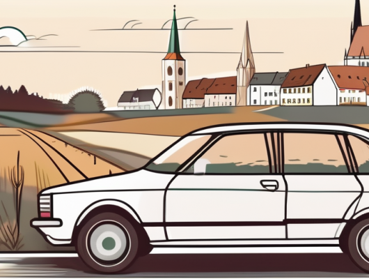 A car with a blank license plate parked in a scenic landscape of augsburg land