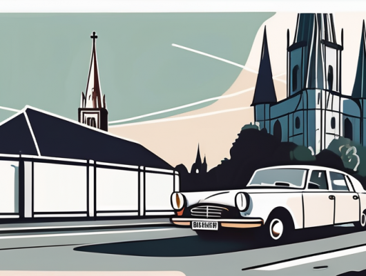 A car with a blank license plate parked in a picturesque oldenburg cityscape