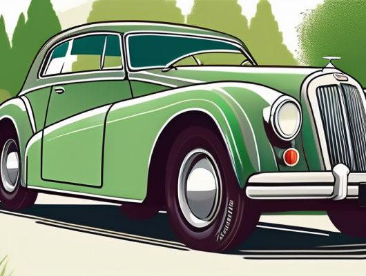 A vintage car with a h-registration plate parked in a lush green landscape