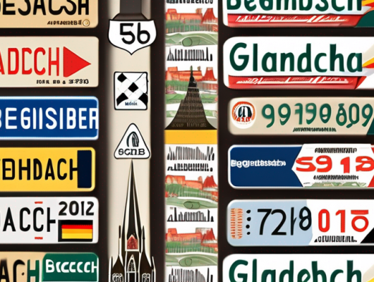 A variety of german car license plates scattered across a stylized map of bergisch gladbach