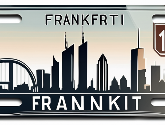 A car license plate with frankfurt's skyline in the background