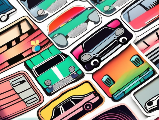 A variety of colorful license plate stickers on a car bumper