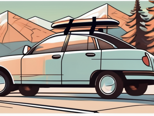 A bicycle rack attached to the back of a car with a distinct