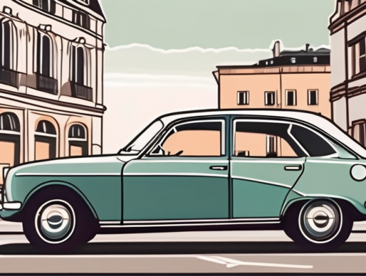 A car with a blank license plate parked in front of a recognizable koblenz landmark