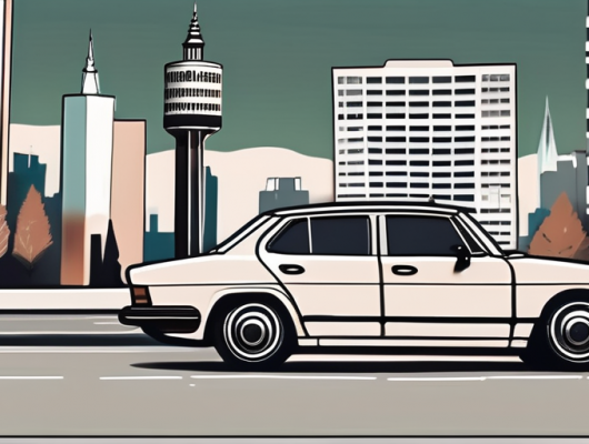 A car with a blank license plate parked in front of iconic frankfurt landmarks like the römer and the main tower