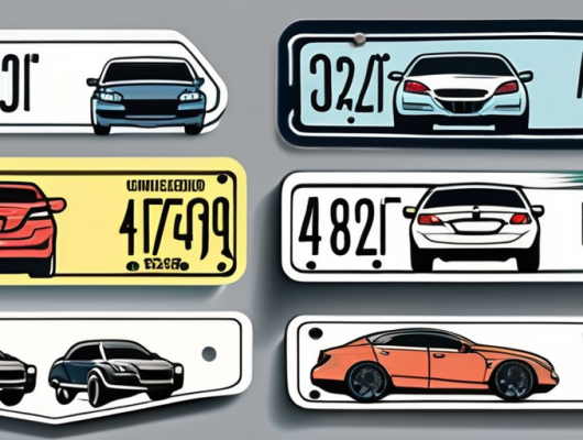 Various car license plate stickers with different designs and colors
