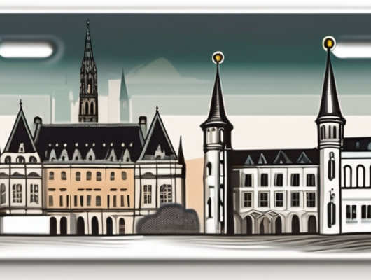 A vehicle license plate with a cityscape of moers in the background