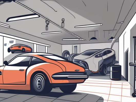 A neighborhood garage with various types of car exhausts displayed prominently