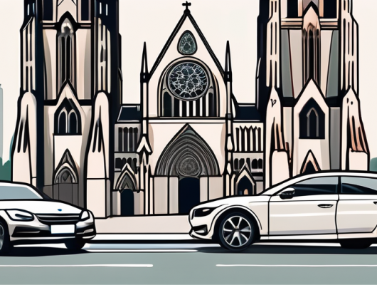 A car with a blank license plate parked near recognizable frankfurt landmarks like the römer and the frankfurt cathedral