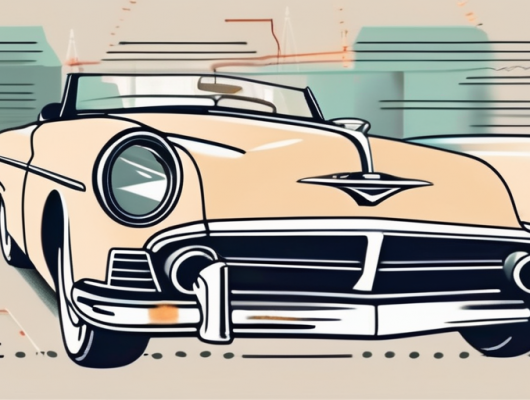 A vintage car in pristine condition against a backdrop of a timeline indicating the passage of years