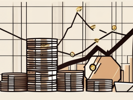 A wallet with banknotes and coins next to a bar graph showing an upward trend