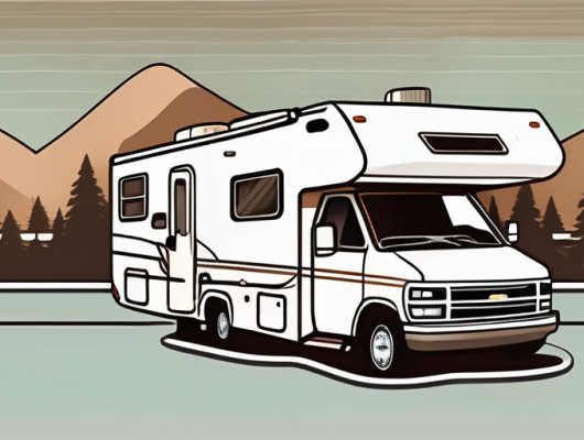 A recreational vehicle (rv) with a close-up on its license plate