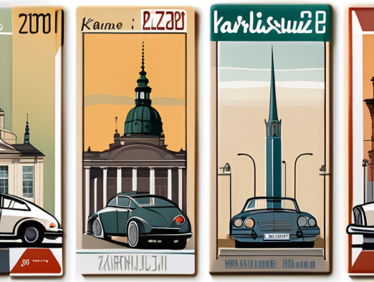 Various unique car number plates against the backdrop of notable landmarks in karlsruhe