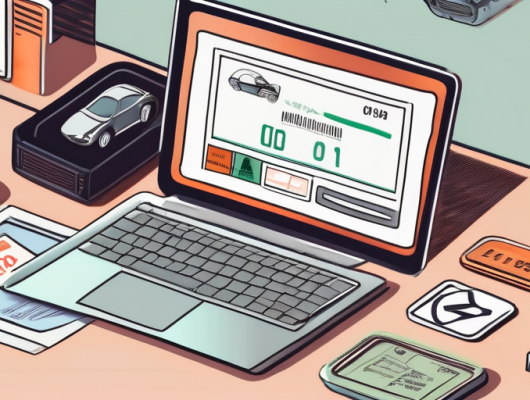 A computer with a car registration document on the screen