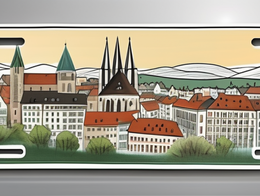 A german license plate with the trier cityscape in the background